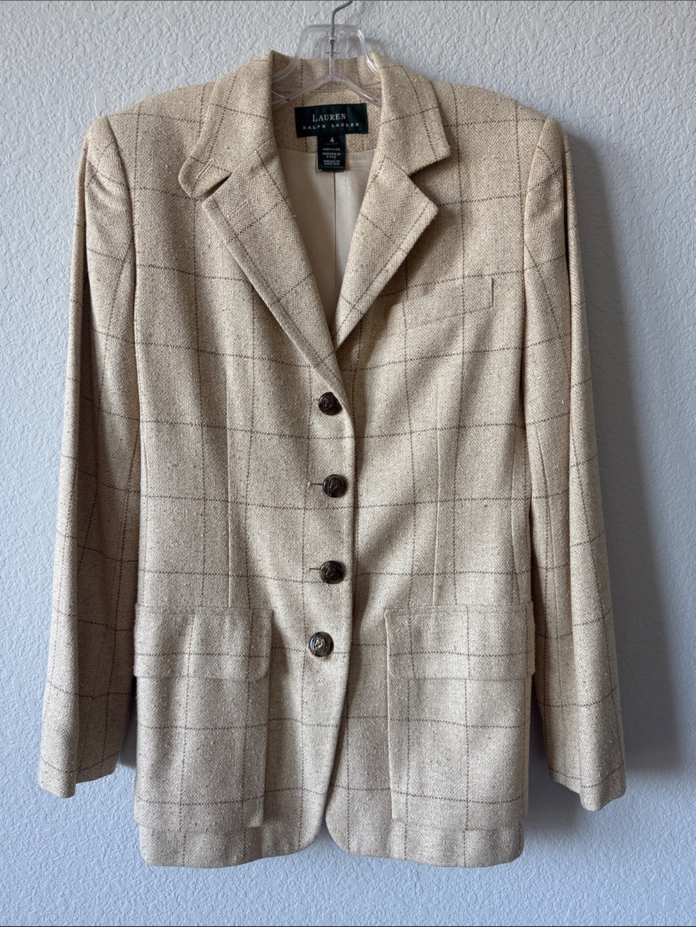 Lauren Ralph Lauren Beige Windowpane Silk-Blend Blazer